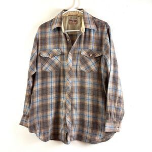 Vintage Ponderosa Wool Button Up Shirt Brown Plaid Western Fisherman Cabin Sz L